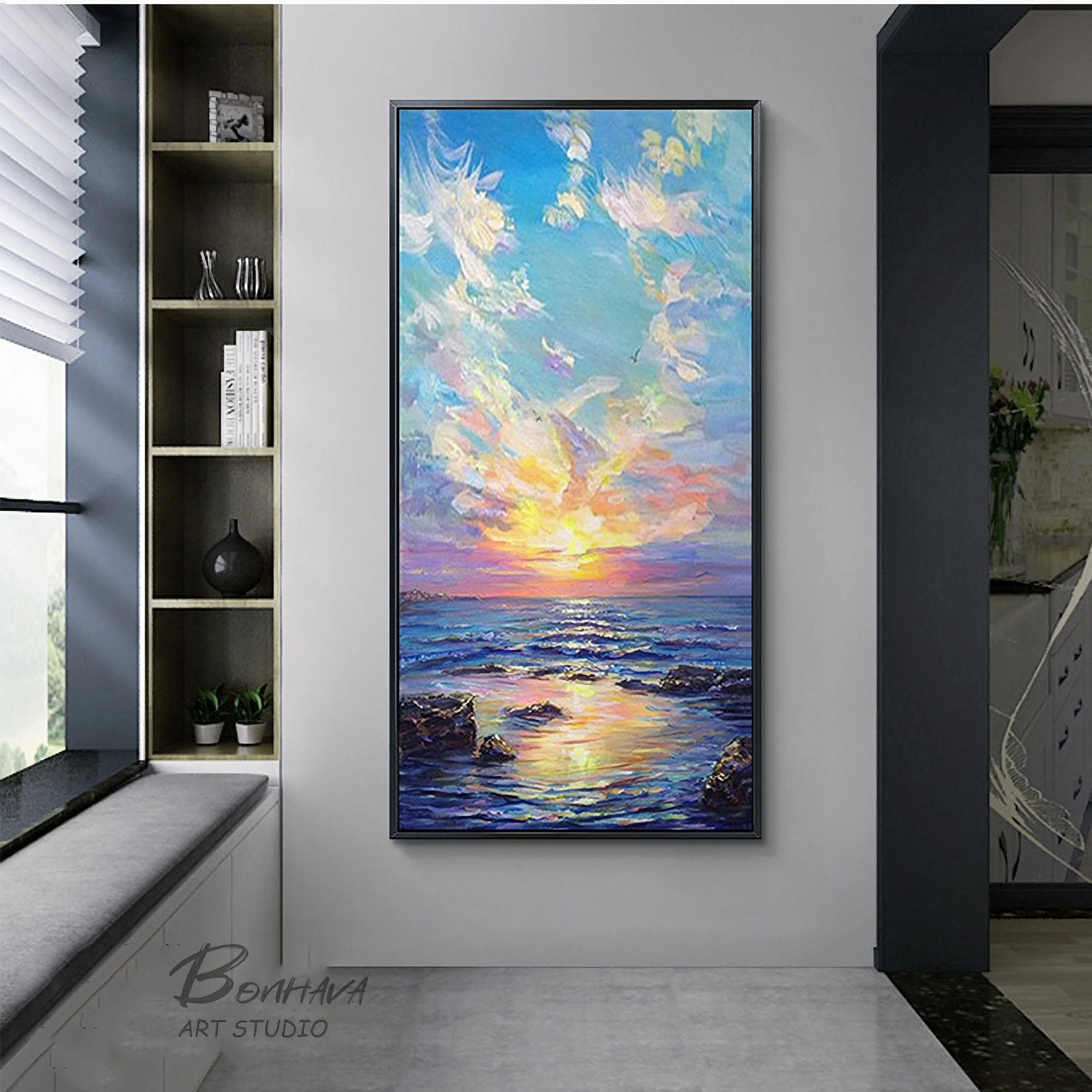 Large Canvas Wall Art Landscape Sea Spray and Sunrise Oil Painting On Canvas Gp094