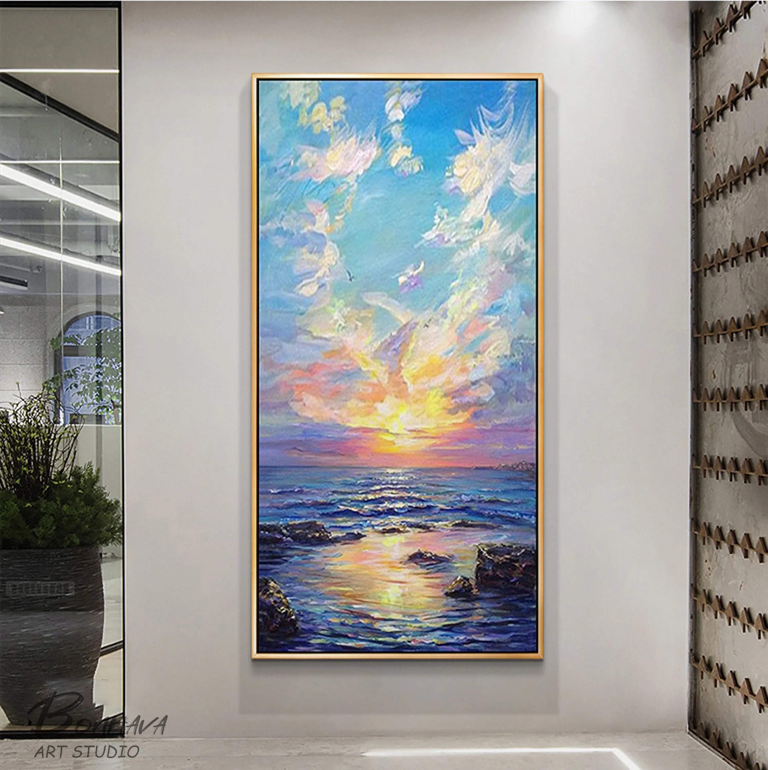 Large Canvas Wall Art Landscape Sea Spray and Sunrise Oil Painting On Canvas Gp094