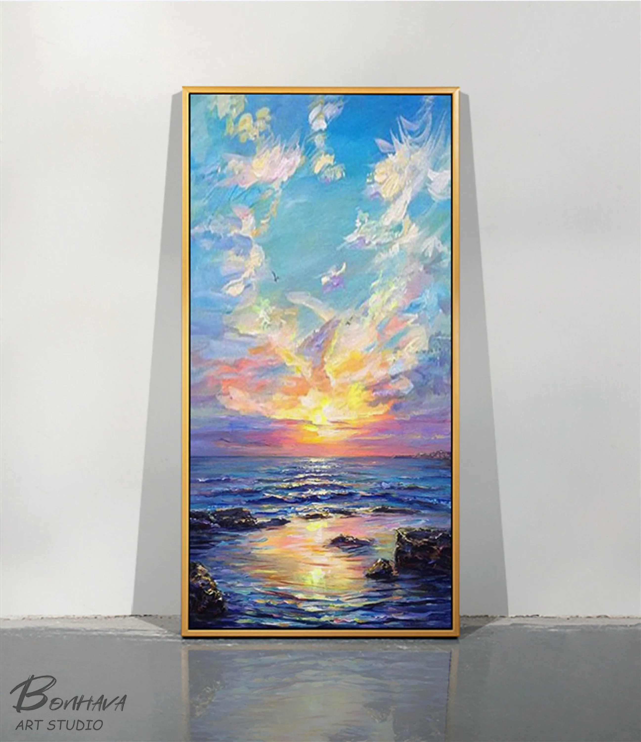 Large Canvas Wall Art Landscape Sea Spray and Sunrise Oil Painting On Canvas Gp094