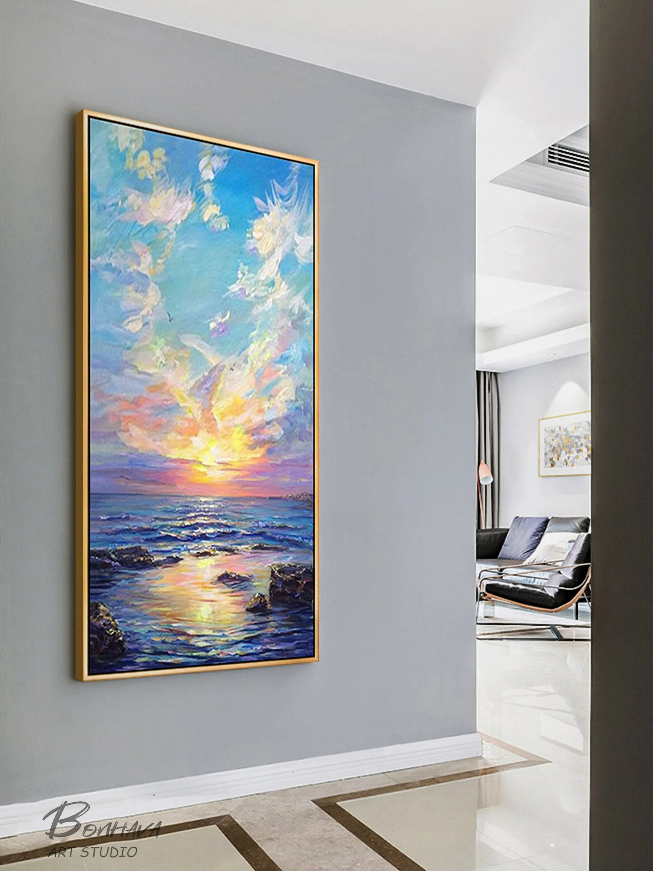 Large Canvas Wall Art Landscape Sea Spray and Sunrise Oil Painting On Canvas Gp094