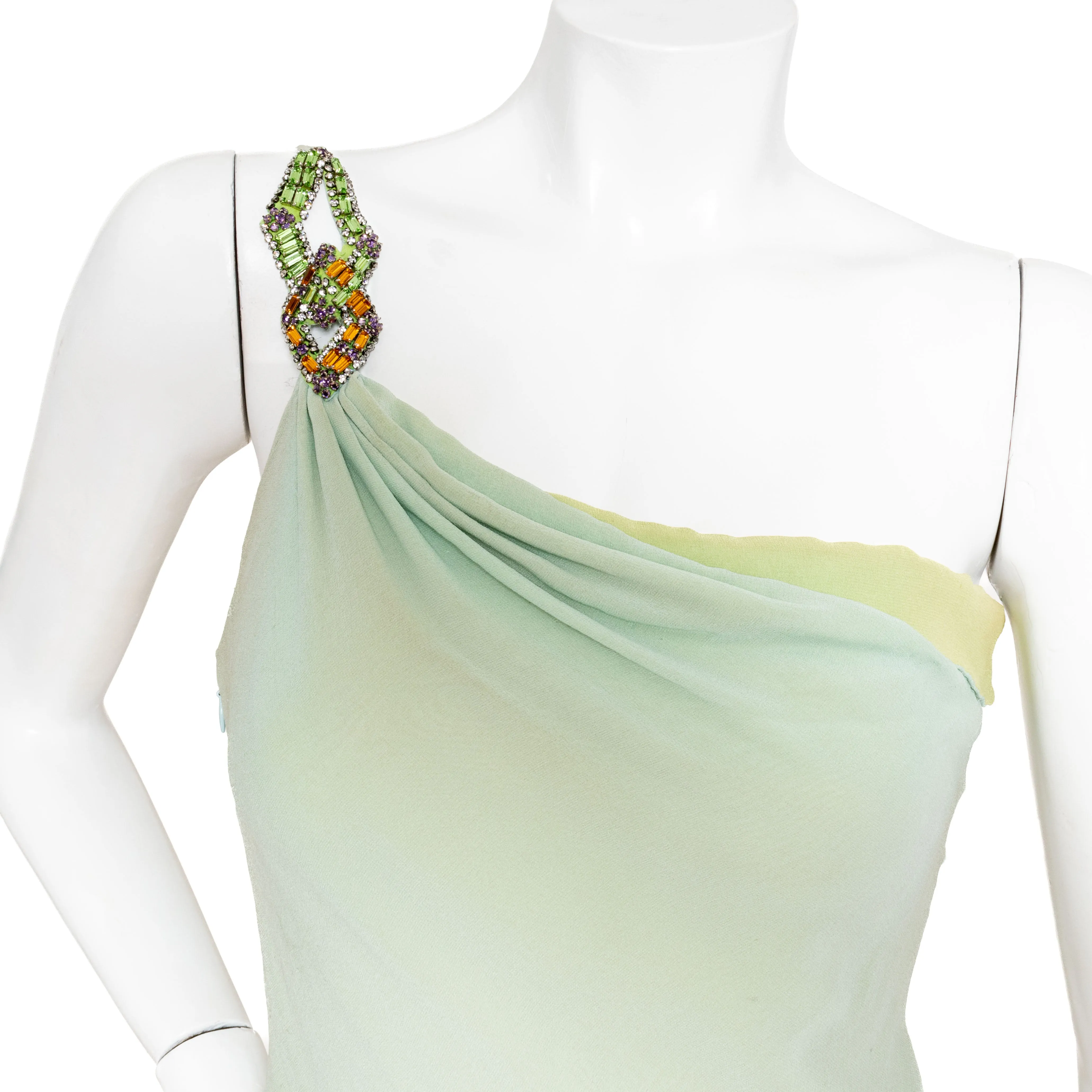 Late 1980s Green Crystal and Silk One Shoulder Dress