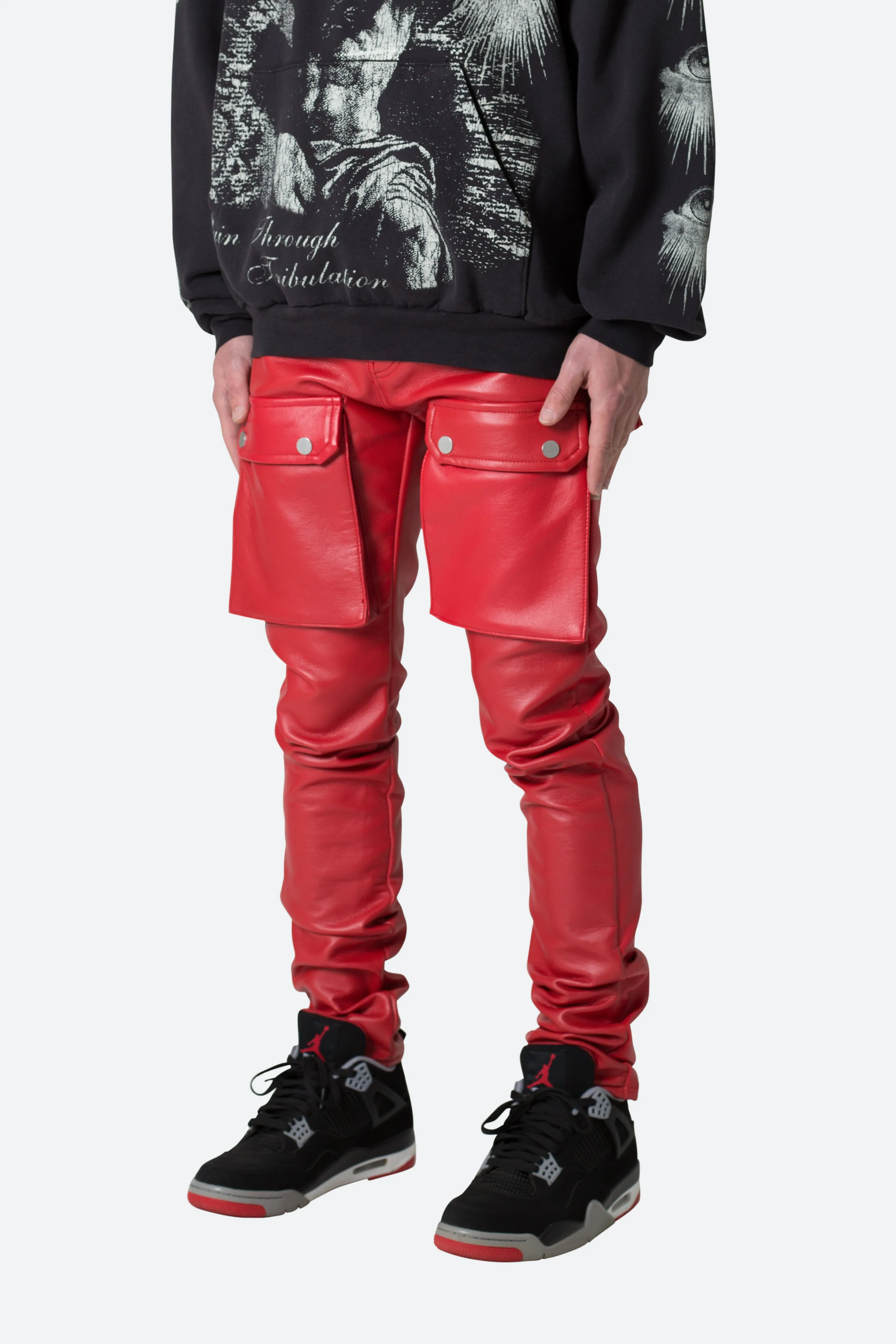 Leather Snap Cargo Pants - Red