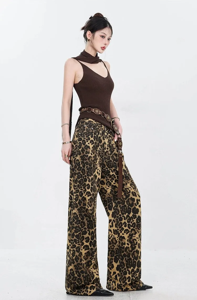 Leopard Print Straight-Leg Denim Jeans