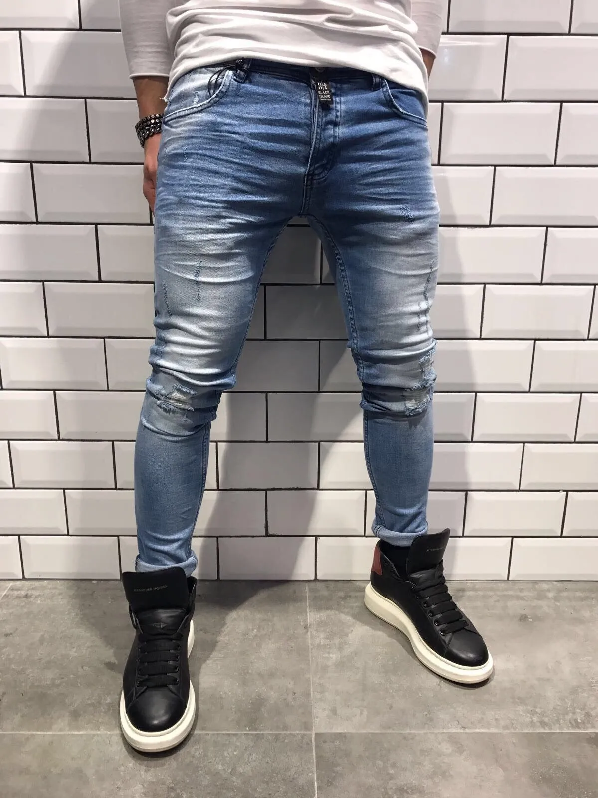 Light Blue Washed Slim Fit Jeans B3 Streetwear Jeans