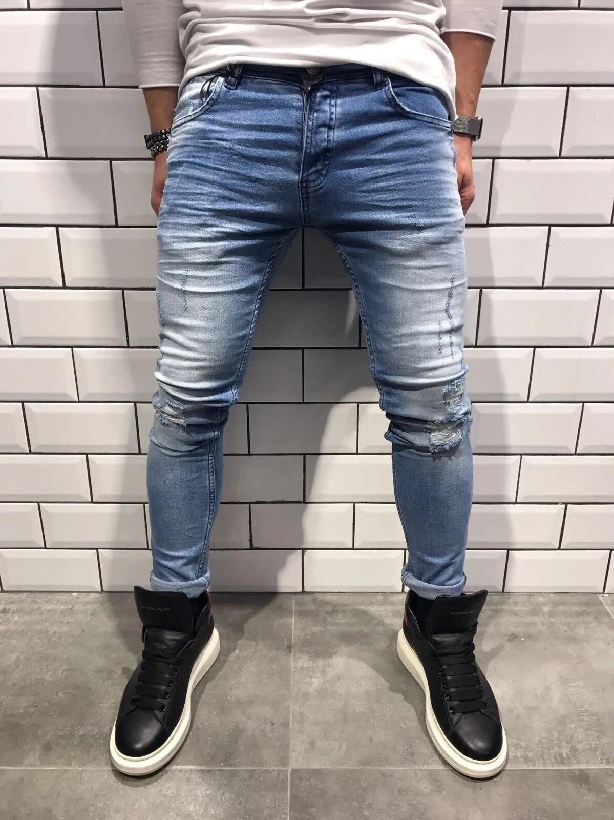 Light Blue Washed Slim Fit Jeans B3 Streetwear Jeans