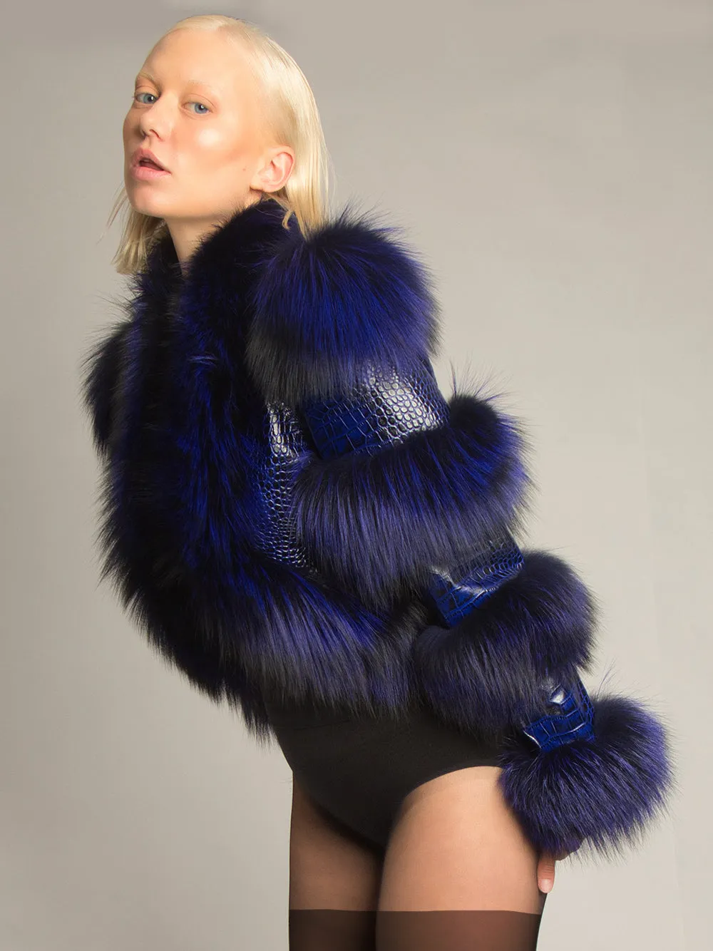 LITALY Fur Trim Leather Jacket in Blue