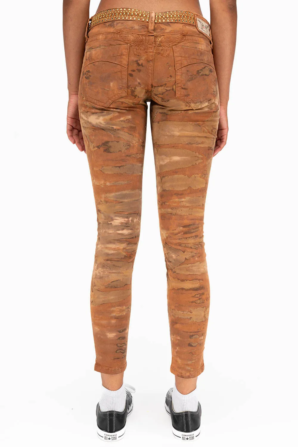 LOW WAISTED SKINNY JEANS IN MUD BROWN WITH STUDS AND SW