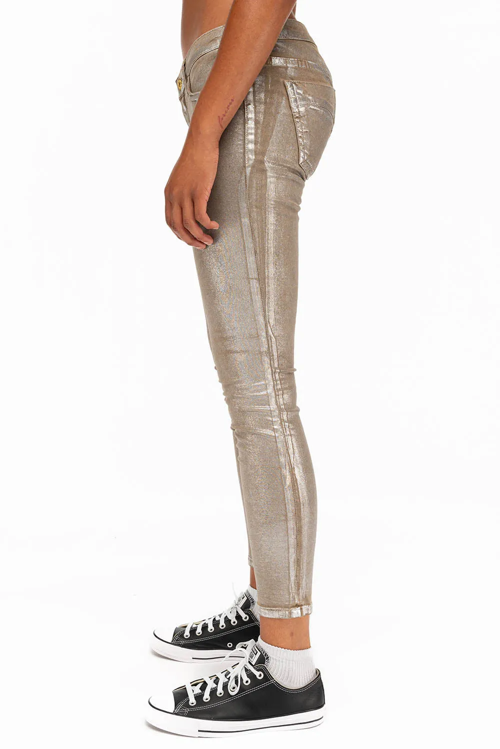 MARILYN LOW RISE WOMENS SKINNY JEANS IN KHAKI SILVER FOIL WASH WITH TONAL WINGS