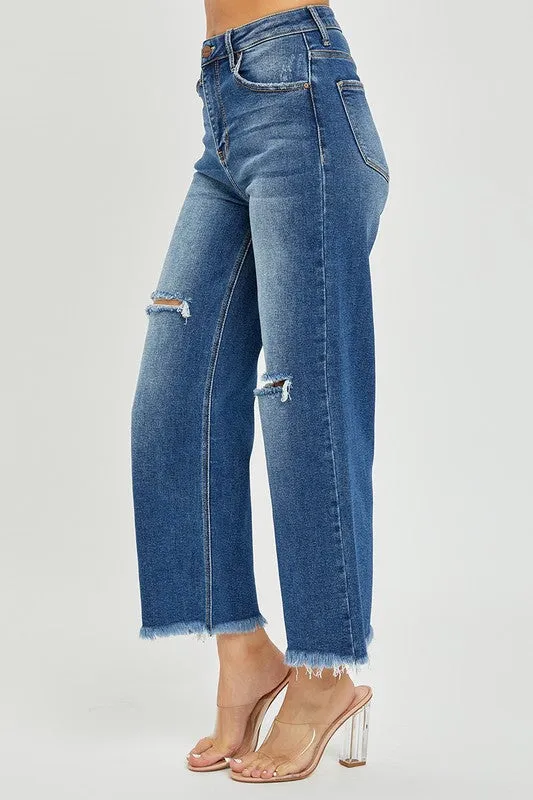 MARYN HIGH RISE FRAYED ANKLE WIDE JEANS