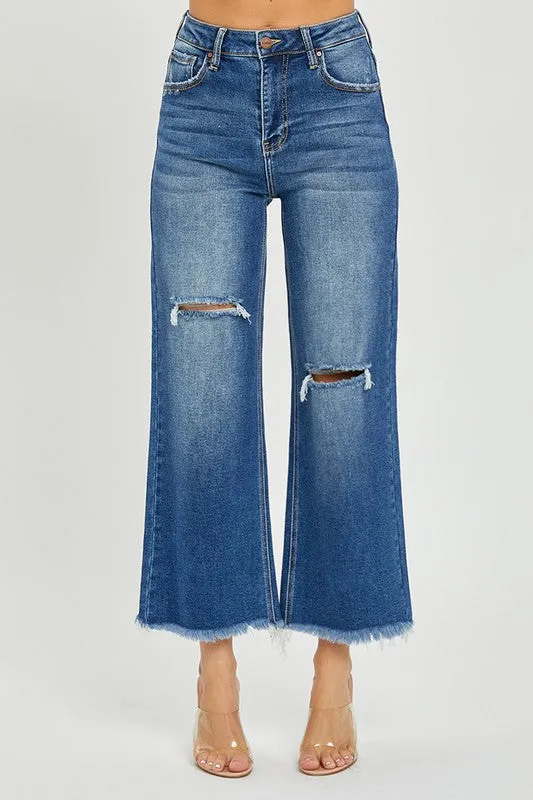 MARYN HIGH RISE FRAYED ANKLE WIDE JEANS