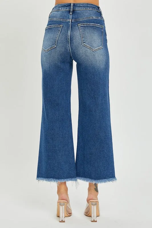 MARYN HIGH RISE FRAYED ANKLE WIDE JEANS