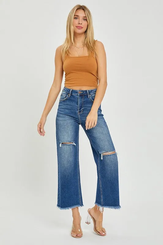 MARYN HIGH RISE FRAYED ANKLE WIDE JEANS