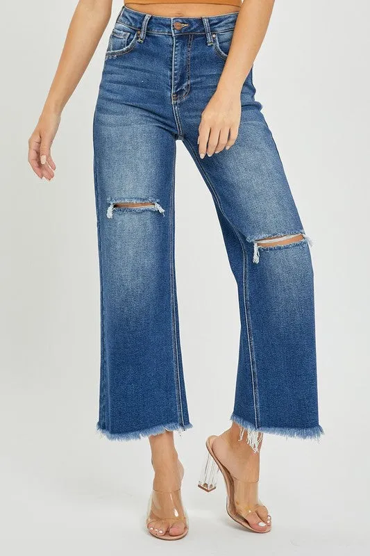 MARYN HIGH RISE FRAYED ANKLE WIDE JEANS