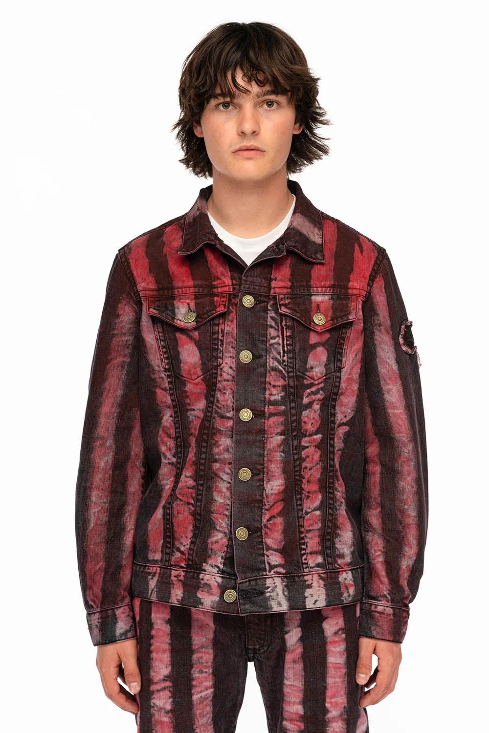 MENS DENIM JACKET IN PRISONER RED WASH