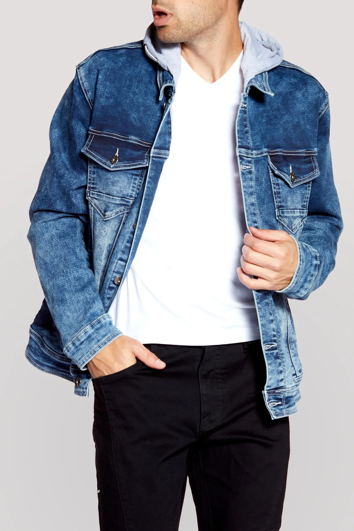 Men's Denim Jacket With Built-In Hood - Medium Blue Acid Wash