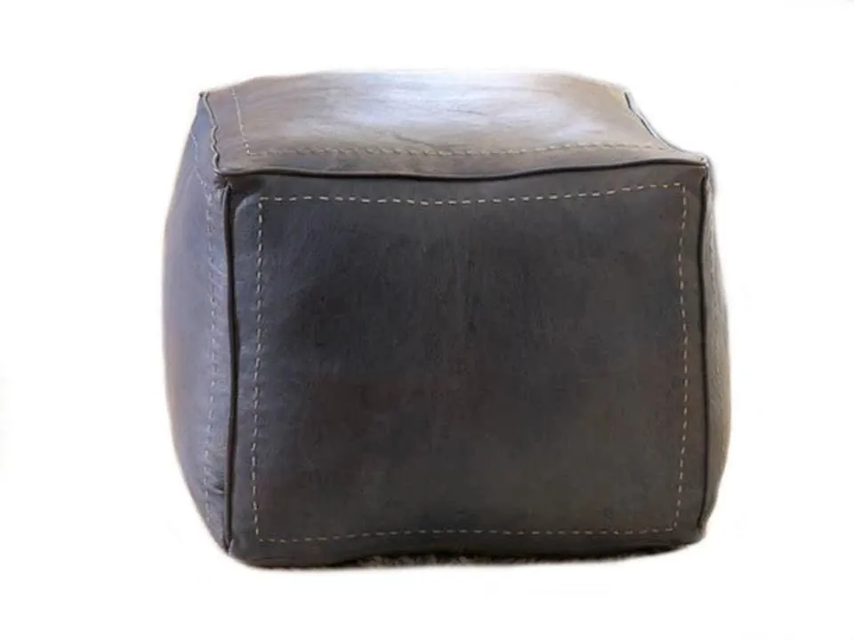 Moroccan Leather Pouf / Ottoman - Square - Gray - Salwa