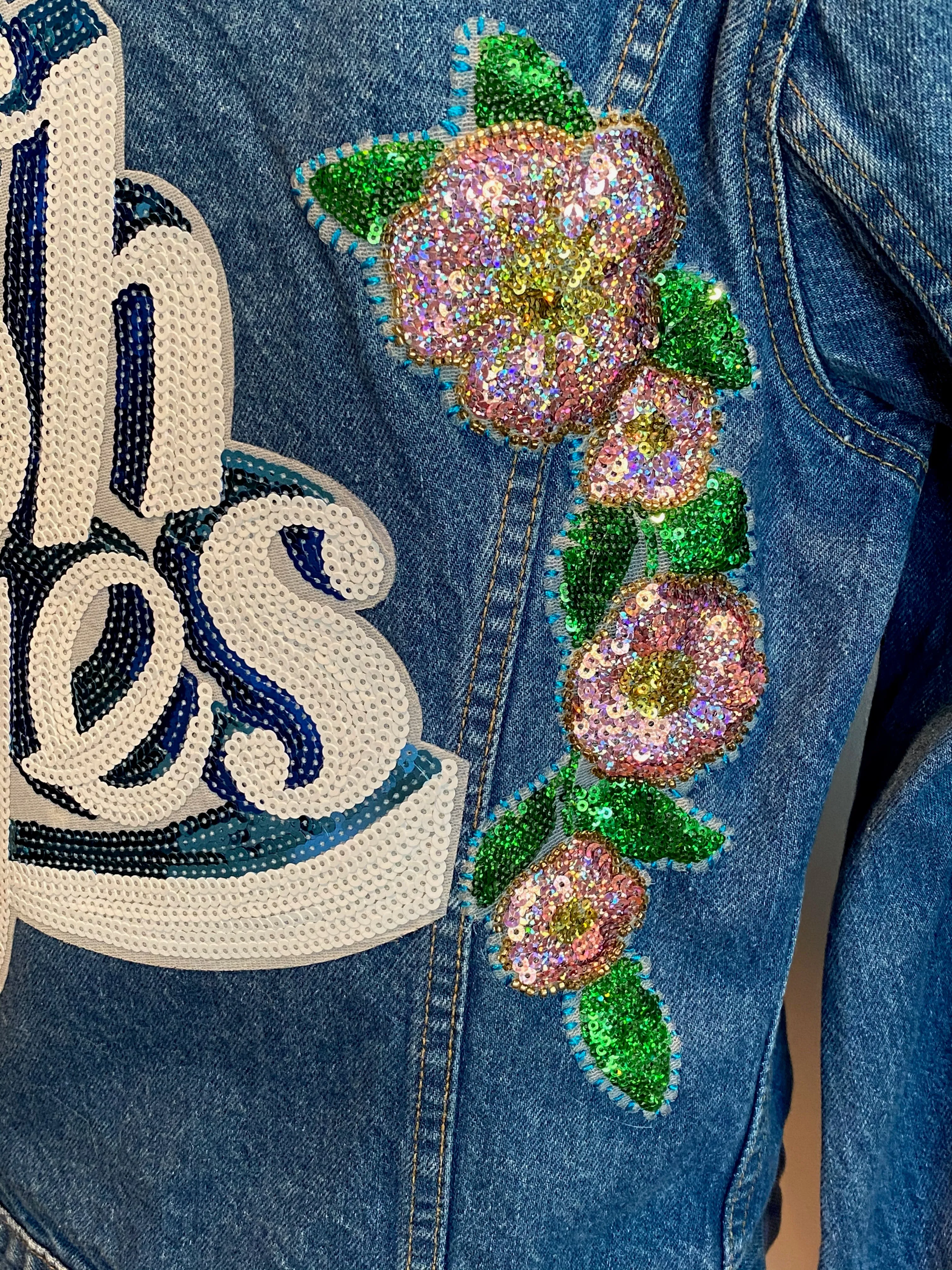 'Oh Yes' Floral Sequin Jean Jacket. Size L