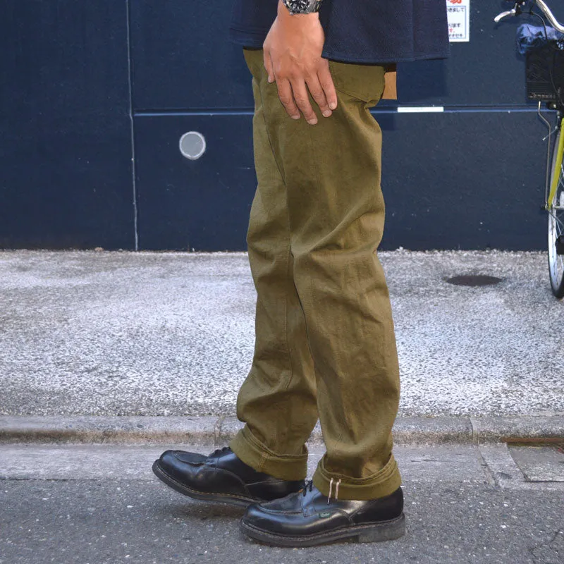 ONI DENIM "246-OLOL" 12oz tateyoko yarn-dyed sultide olive denim Neat Straight