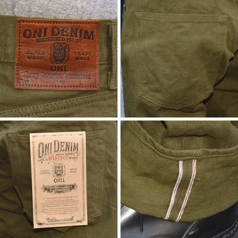 ONI DENIM "246-OLOL" 12oz tateyoko yarn-dyed sultide olive denim Neat Straight