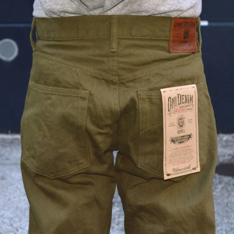 ONI DENIM "246-OLOL" 12oz tateyoko yarn-dyed sultide olive denim Neat Straight