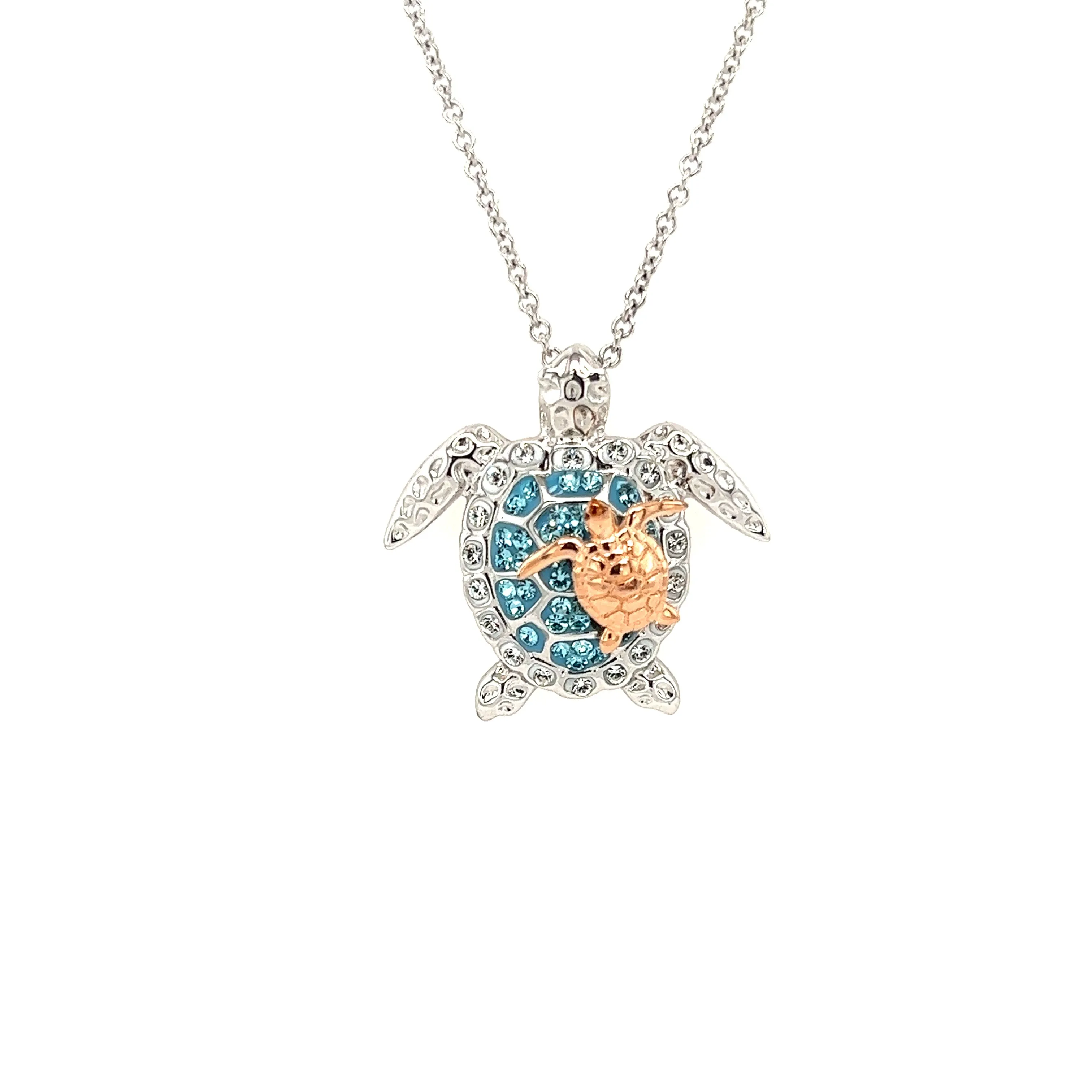 Sea Turtle Necklace with Rose Gold Accent in Sterling Silver