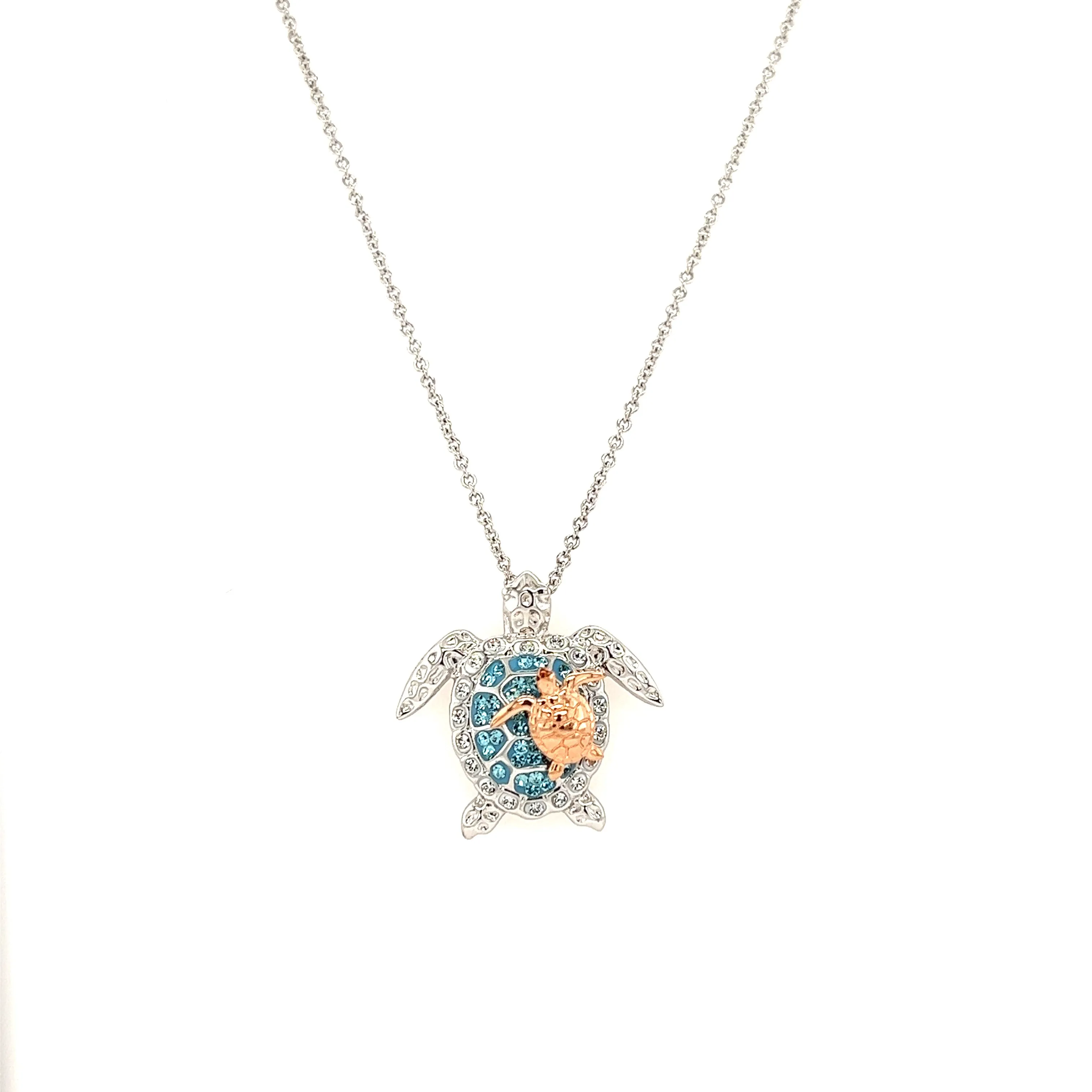 Sea Turtle Necklace with Rose Gold Accent in Sterling Silver