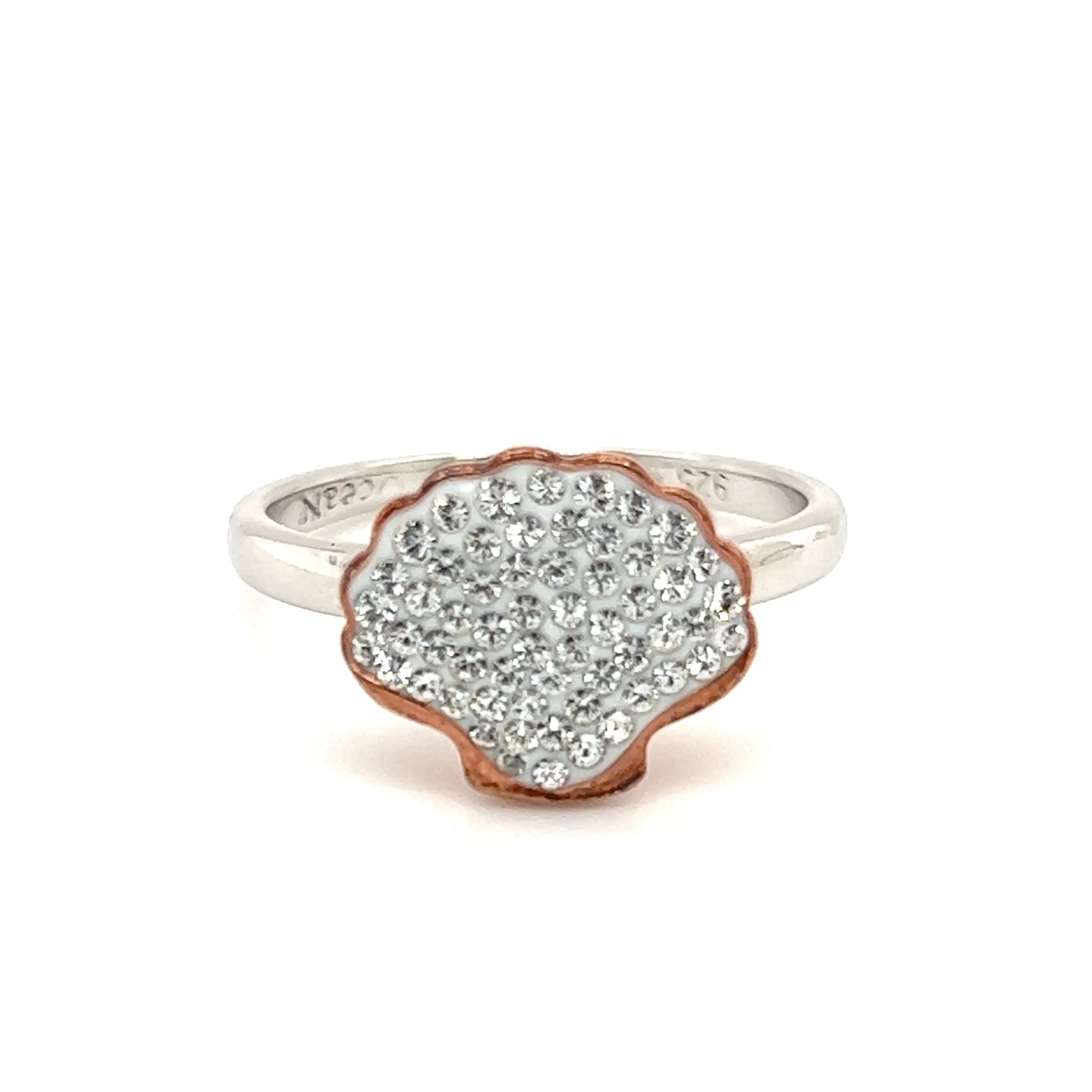 Shell Ring with Elegant Crystals in Sterling Silver and Rose Gold Accent