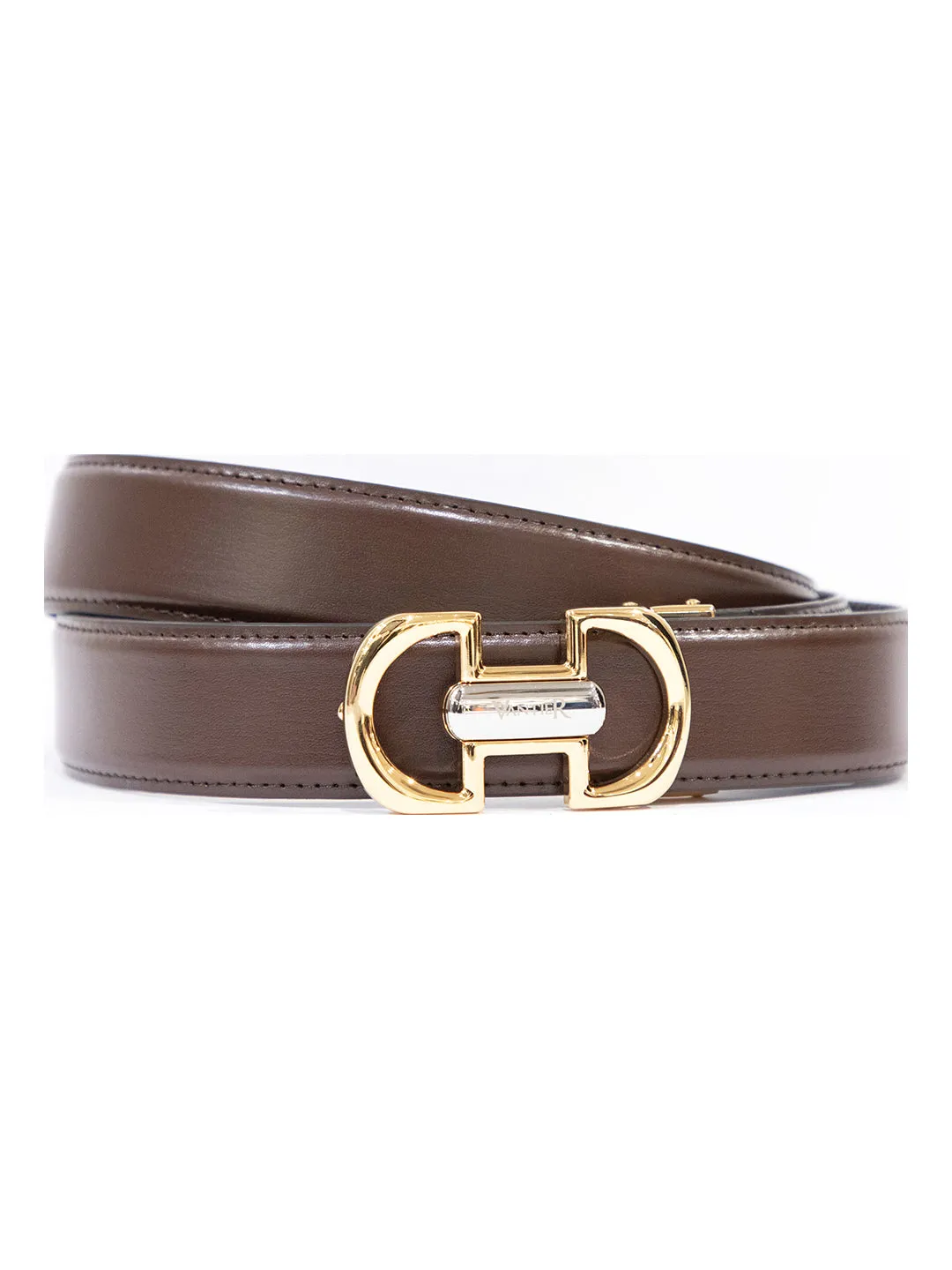 Vantier Luxury Leather Belt Coffee , Gold and Silver Buckle A13