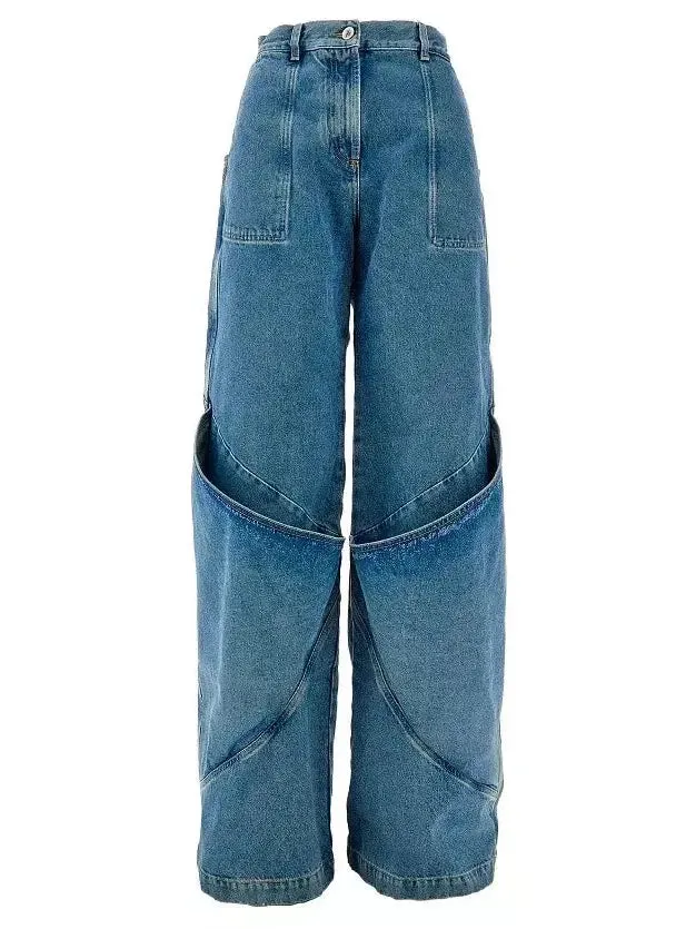 Women’s Draped Knee Washed Denim Wide-Leg Jeans